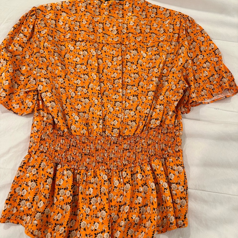 Topshop Orange Short Sleeve Blouse with Smocked Peplum Size Medium /6 - Picture 5 of 5